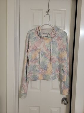 Pastel Palm-Print Pullover Hoodie - Women's Lightweight Crop Size L